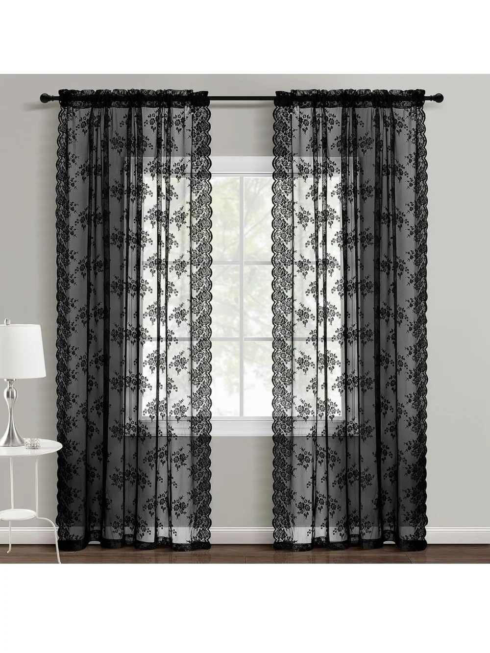 Black Lace Sheer Curtain Panels - Elegant Window Drapery